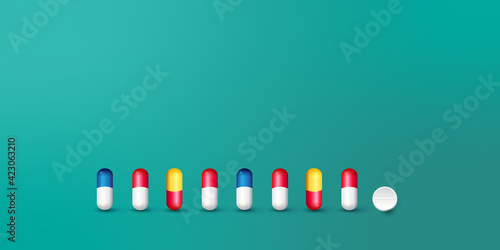 Pills. Medicine tablets isolated on background, different round and oblong drugs collection vector illustration.