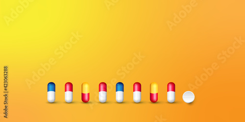 Pills. Medicine tablets isolated on background, different round and oblong drugs collection vector illustration.