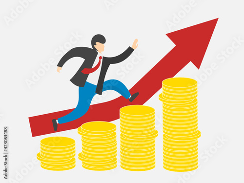 The graph of the growing financial profit and the person running along it. Stacks of gold coins show the progress of the profitability of a business or investment.