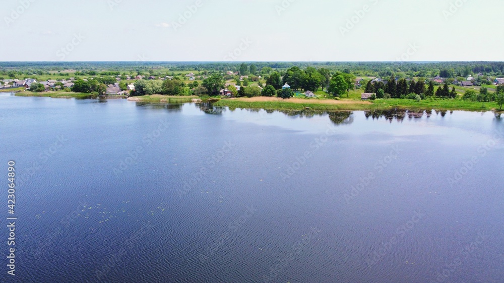 Aerial landscape of Shatsky National Park, Lake Svityaz, Top view, Ukraine, Volyn. Tourist attractions of Ukraine, internal tourism. Beautiful view on the coastline of lake