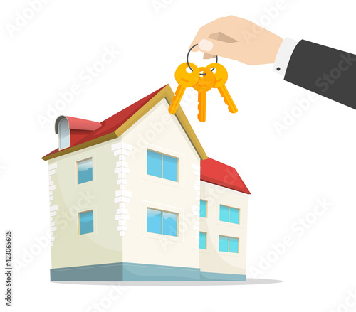 Keys to new house on real estate agent hand near modern home apartment vector flat cartoon illustration