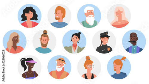 People profile user avatars of different professions vector illustration set. Cartoon man woman professional worker portraits collection, male and female faces circle avatars isolated on white © Flash Vector