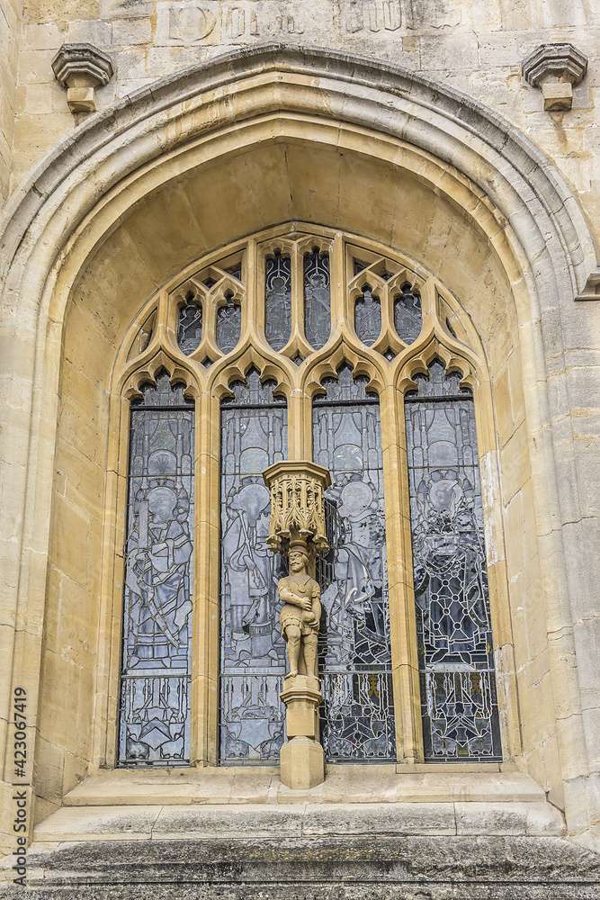 Architectural fragments of Bath Abbey (or Abbey Church of Saint Peter and Saint Paul, founded in VII century) in Bath. Bath is a city in ceremonial county of Somerset in South West England.