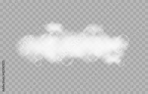 Vector foam with bubbles. Soap bubbles png, foam png, soap, shampoo. Bath foam on isolated transparent background.