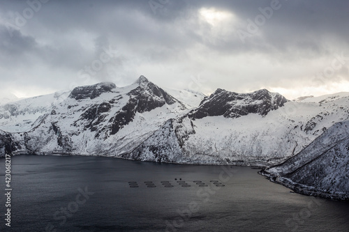 Drone view of fish farming in round shaped cages floating on sea water in highlands covered with snow in winter in Norway photo