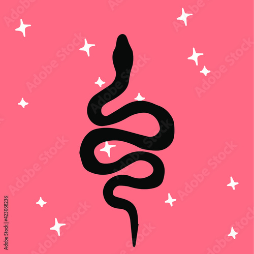Boho-chick Mid-century modern illustration with hand-painted snake.