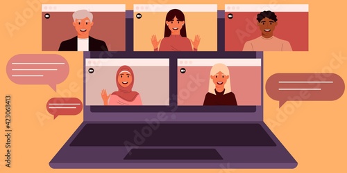 Men and women of different ethnic groups on the laptop screen. Video conference, remote work, live broadcast. Vector illustration in flat style