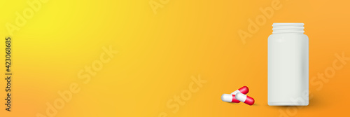 Bottle and scattered pills on color background.