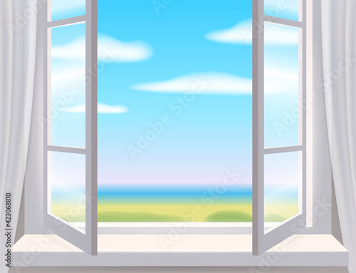 Open window in interior  view on landscape  spring. Vector illustration template realistic