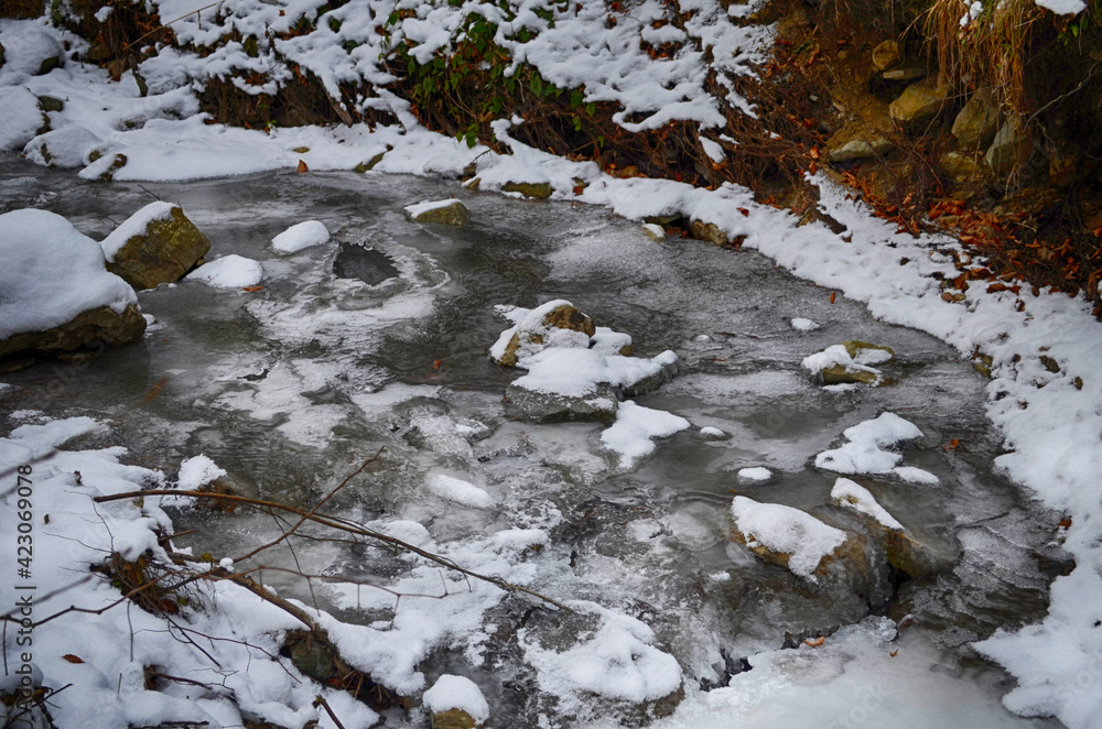 Ice-free little river in winter. Stream of river water. The snow cover. Winter abstract background. Ice-free little river in winter. Stream of river water. The snow cover. Winter abstract background.