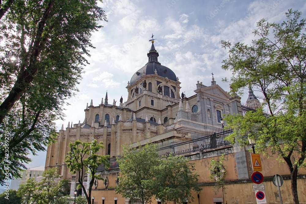 Exterior of Almudena Cathedral or Cathedral of Santa Maria la Real de la Almudena in Madrid, Spain.