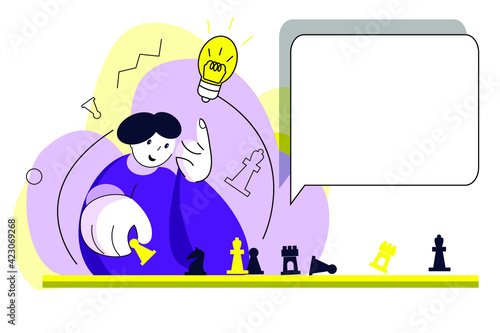 Man play chess illustration on white backgroynd with frame for own text. Yellow and violet colors. For site, banner, chess school, tournament. Vector, EPS10.