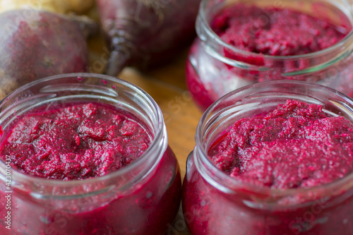 Bowls of homemade Red Chrain, a spicy paste made of grated Horseradish (Armoracia rusticana, syn. Cochlearia armoracia) and Beetroot, a traditional food of the Jewish Passover holiday