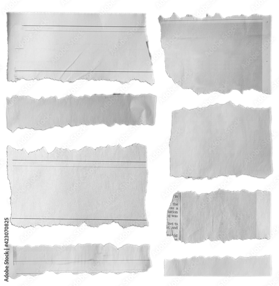 Torn pieces of grey paper isolated on white