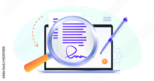 Electronic contract or digital signature concept in vector illustration. Signing an electronic contract online, document. Flat icon. Website template or web page layout. The working process.