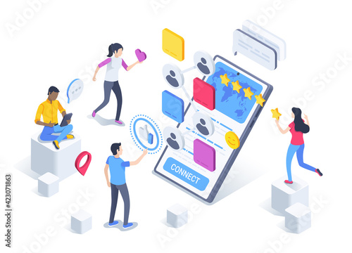 isometric vector illustration isolated on white background, social media connected phone and people with likes and stars