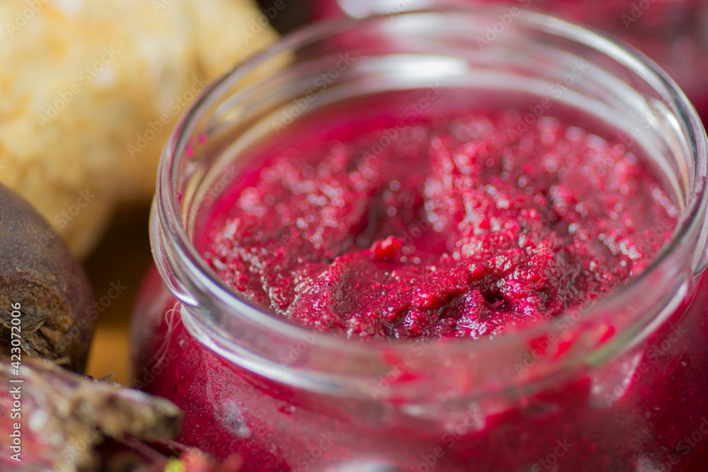 Bowl of homemade Red Chrain, a spicy paste made of grated Horseradish
