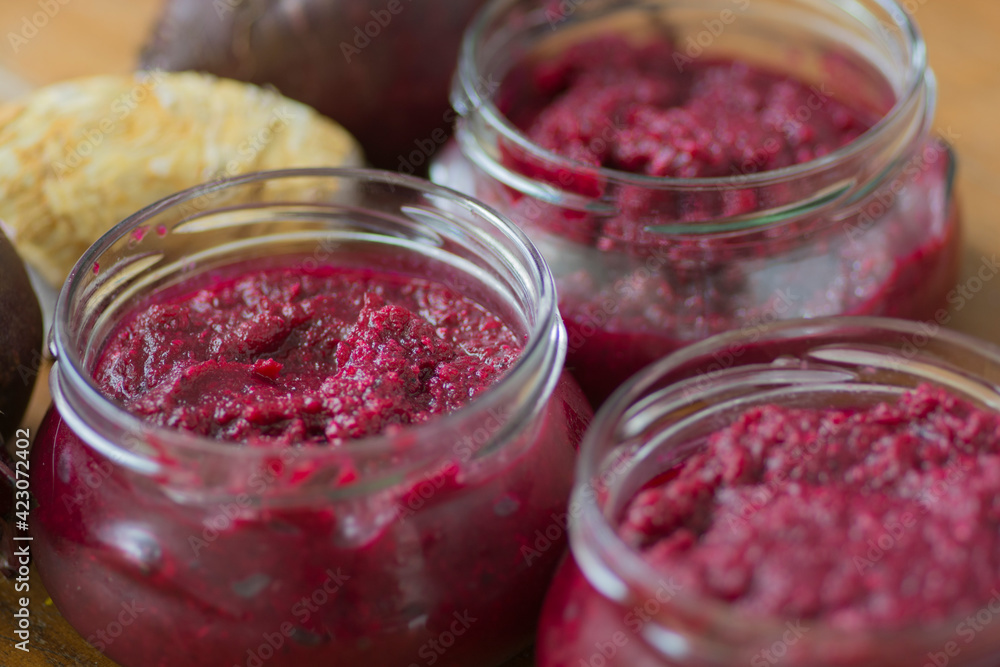 Bowls of homemade Red Chrain, a spicy paste made of grated Horseradish
