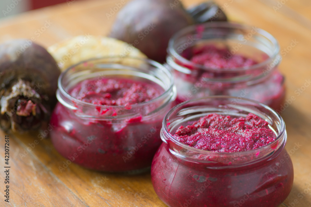 Bowls of homemade Red Chrain, a spicy paste made of grated Horseradish