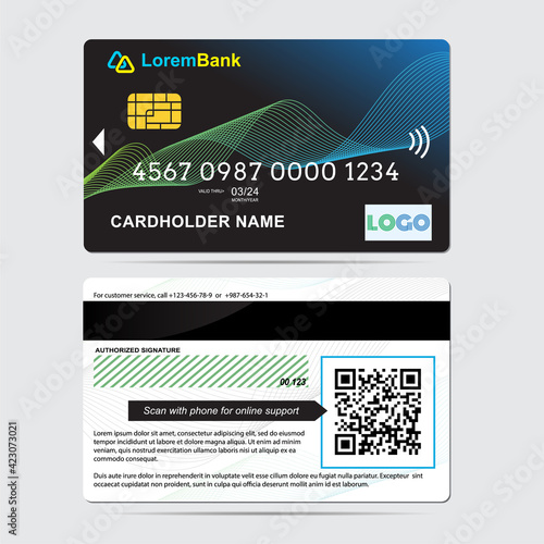 Vector realistic silver credit card with abstract geometric background. Credit card template. Bank presentation with hologram, qr-code and magnetic strip.