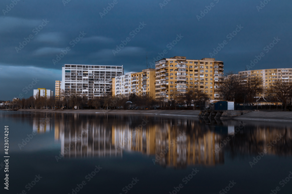 Colentina Lake is a lake in Bucharest. Panorama with Plumbuita Park. March 25, 2019, Bucharest, Romania