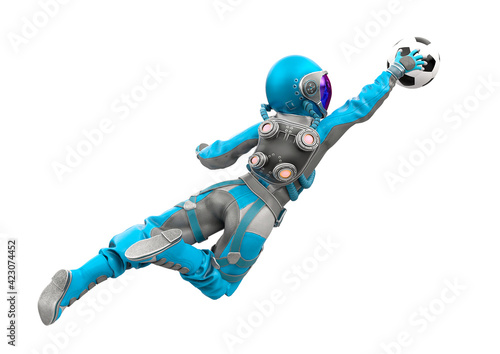 astronaut girl is playing football as a goalkeeper hear view