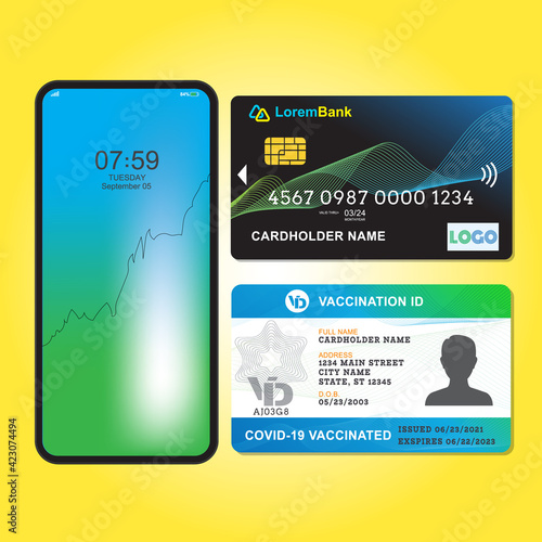 3d mobile smartphone with credit card and vaccination card. Travel documents. Vector illustration.