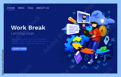 Work Process office room, landing page website, developer freelancer. Vector