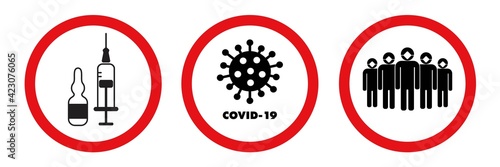 Vector Set of 3 Flu signs, stickers, badges in red circles. Vaccination, stop the virus, flu shot, crowd of people in medical masks. Flu labels design isolated on white background.