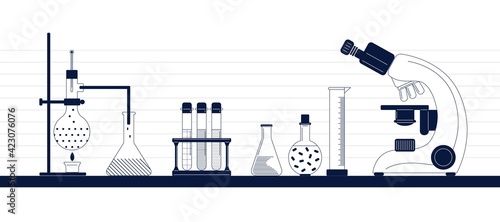 Science laboratory concept set with biochemical and medical research and experiment equipment. Isolated flat vector illustration in modern minimalistic style, line art.