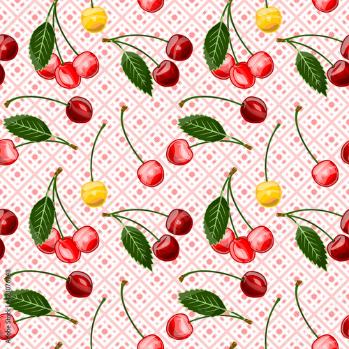 seamless pattern cherries on a checkered tablecloth