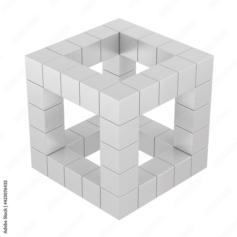 Silver 3D cube shape from cubes. Abstract cube construction. Icon. Geometric figure in space. Business concept, can use for info-graphic, system diagram. Cubes isometric. Silver 3D cube shape from cubes. Abstract cube construction. Icon. Geometric figure in space. Business concept, can use for info-graphic, system diagram. Cubes isometric.