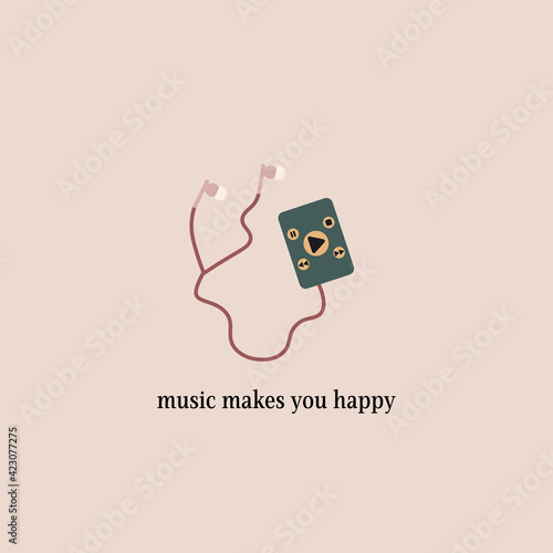 music makes you happy concept quote card, earphones, headphones 