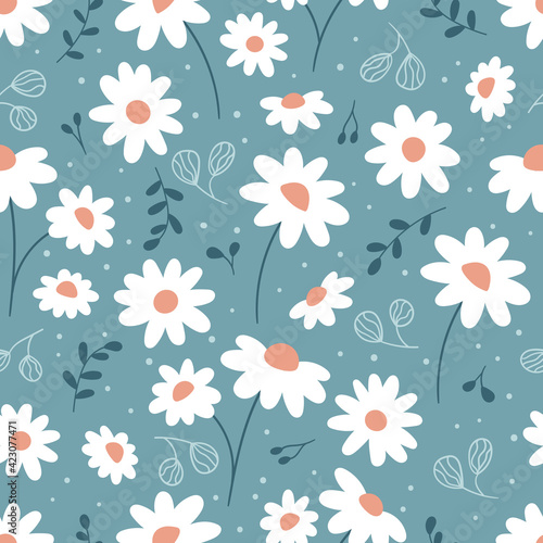 Floral seamless pattern with chamomile. Hand drawn doodle plants. Cute abstract daisy flowers. Ideal for fashion fabric, textile and print wallpaper.