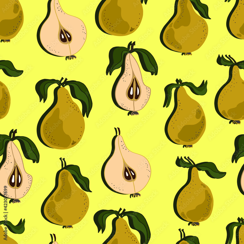 Obraz premium Pears with leaves, whole and chopped. Pear seamless pattern. Background for wallpaper, fabric, paper, scrapbooking, menu and packaging