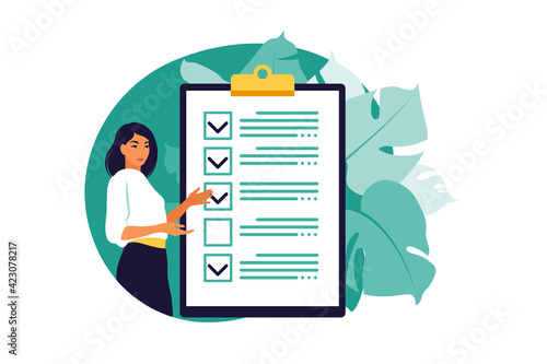 Checklist, to-do list. List or notepad concept. Business idea, planning or coffee break. Vector illustration. Flat style.