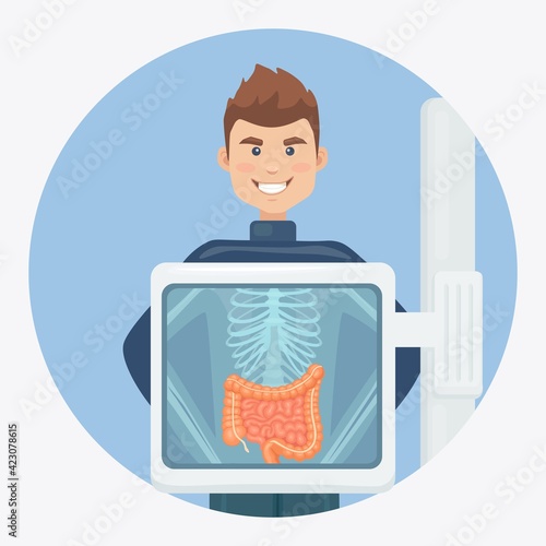 X-ray machine for scanning human body. Roentgen of chest bone. Ultrasound of intestines, guts. Medical examination digestive tract, colon, bowel for surgery. Vector illustration