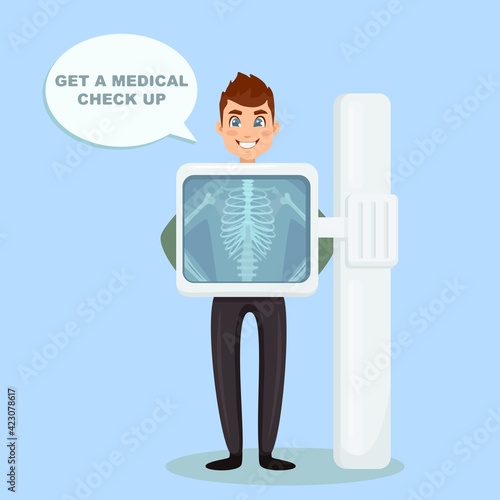 X-ray machine for scanning human body. Roentgen of chest bone. Medical examination for surgery. Vector illustration