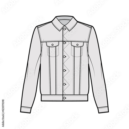 Stormrider denim jacket technical fashion illustration with oversized body, flap pockets, Shank closure, classic collar, long sleeves. Flat apparel front, grey color style. Women men unisex CAD mockup