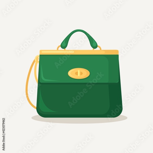 Feminine handbag for shopping, travel, vacation. Leather bag with handle on white background. Beautiful casual collection of summer woman accessory. Vector illustration