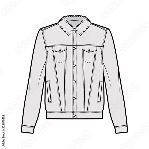 Sherpa lined denim jacket technical fashion illustration with oversized body, flap welt pockets, button closure, long sleeves. Flat apparel front, grey color style. Women, men unisex CAD mockup