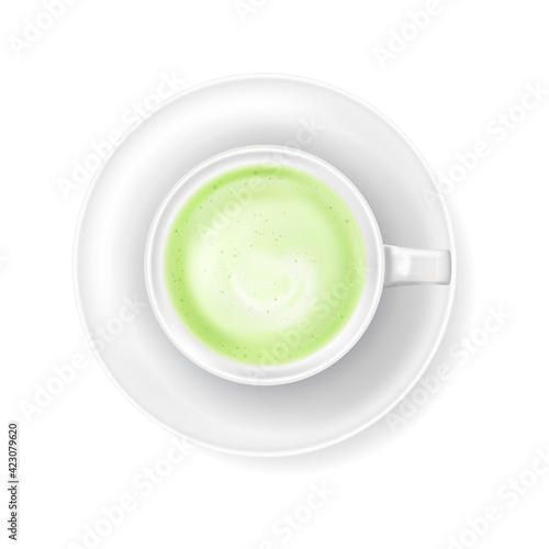 Top view at cup of green tea matcha latte with milk foam isolated on white background. Realistic vector illustration of traditional Japanese drink. Natural asian tea beverage in ceramic mug