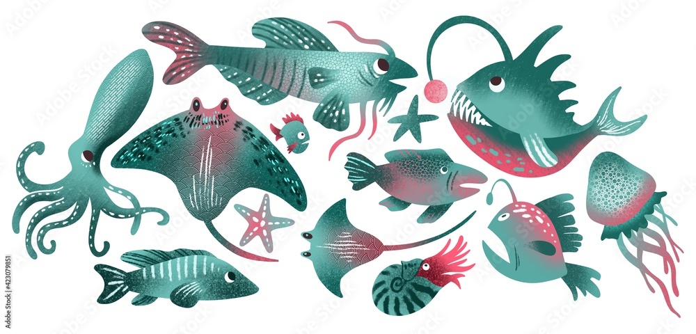Set of marine life on a white isolated background. Trending colors. Octopus, stingray, hammerhead shark, mollusc, jellyfish, starfish, etc. Can be use for poster, textile, postcard Set of marine life on a white isolated background. Trending colors. Octopus, stingray, hammerhead shark, mollusc, jellyfish, starfish, etc. Can be use for poster, textile, postcard