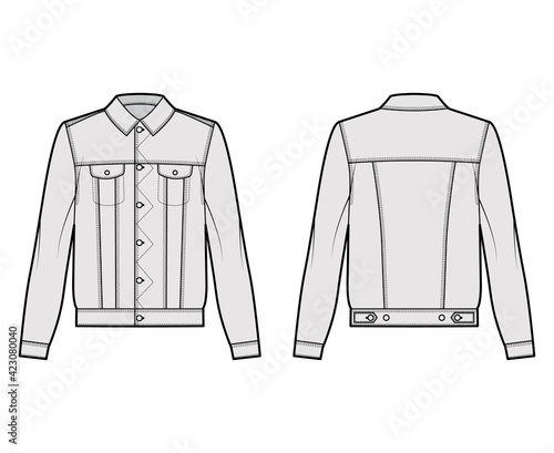 Stormrider denim jacket technical fashion illustration with oversized body, Shank button closure, classic collar, long sleeves. Flat apparel front, back, grey color style. Women, men unisex CAD mockup
