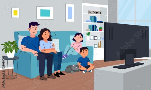 Familia observando una película en la televisión. 