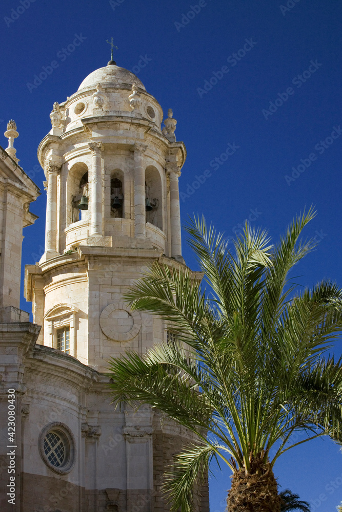 The Poniente Tower of the Catedral de Santa Cruz from Plaza de la Catedral, Cádiz, Spain