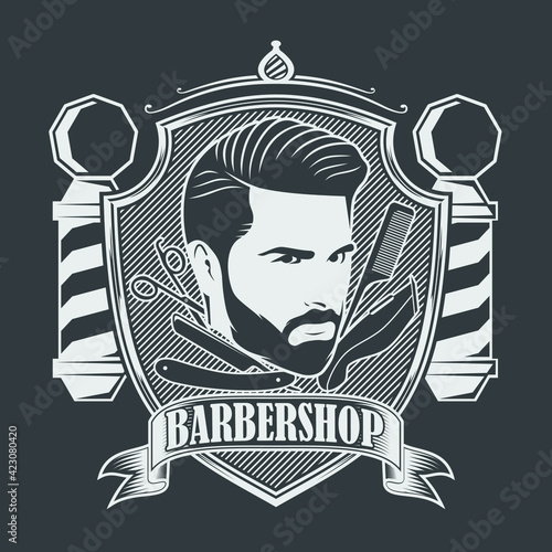 Barbershop logo, poster or banner design concept with barber pole and bearded men. Vector illustration	