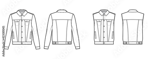 Set of Standard denim jacket, vest technical fashion illustration with oversized, flap welt pockets, button closure, classic collar. Flat front, back, white color style. Women, men unisex CAD mockup