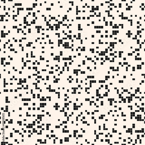 Vector abstract pixel mosaic background. Simple monochrome seamless pattern with small randomly scattered squares, dots. Black and white minimal grunge halftone texture. Modern repeat digital design