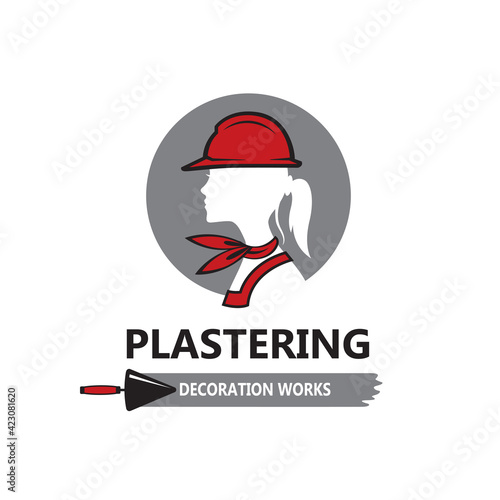icon of lady plasterer in safety helmet with trowel isolated on white background